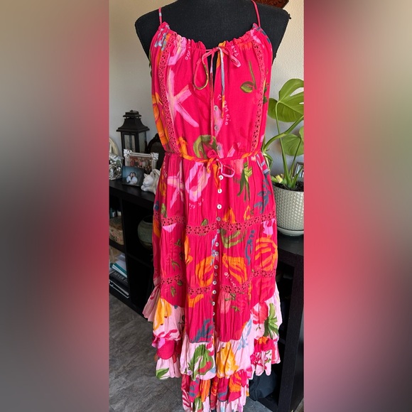 FARM RIO Mixed Fruits Ocean Tiered Maxi Dress Button Closure Viscose Size Small - Picture 1 of 13